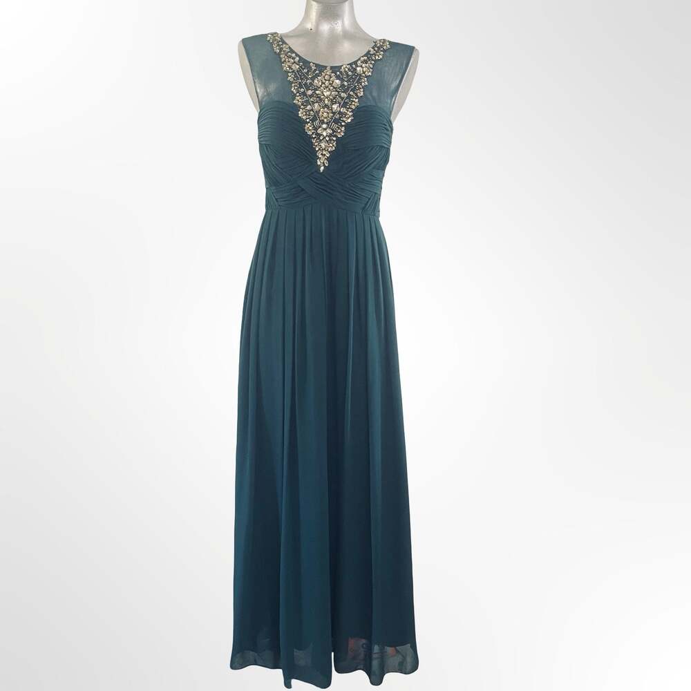 Decode 1.8 Teal Ruched Chiffon Evening Gown with Embellished Illusion Neckline - Picture 3 of 9